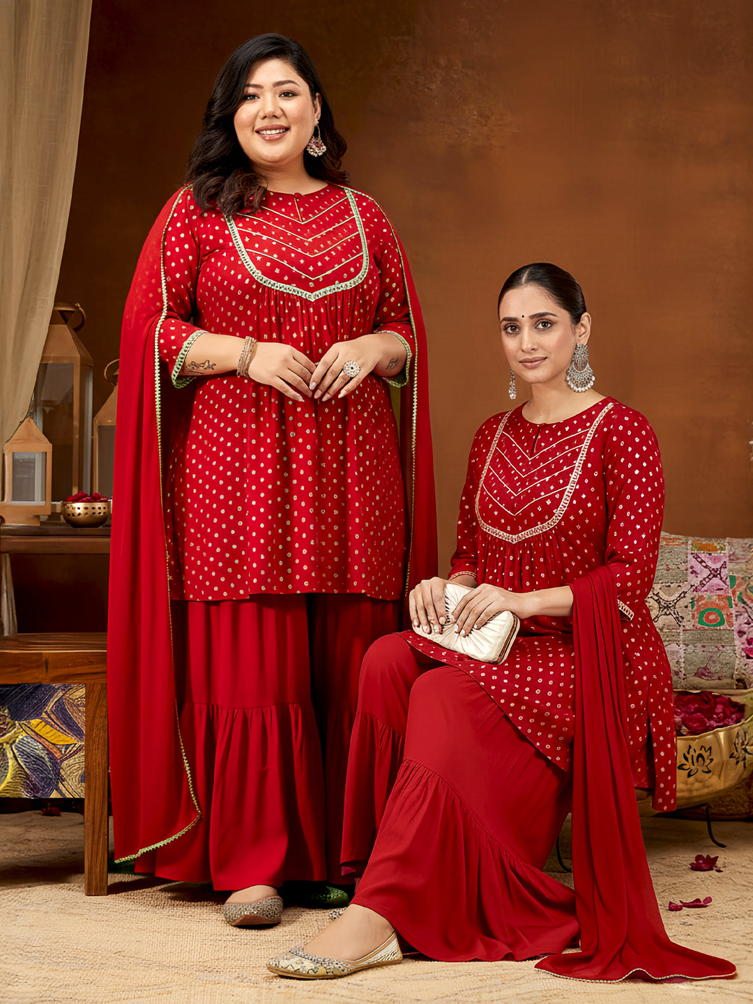 Janasya Women's Maroon Rayon Foil Printed Embellished A-line Kurta With Sharara & Dupatta Set