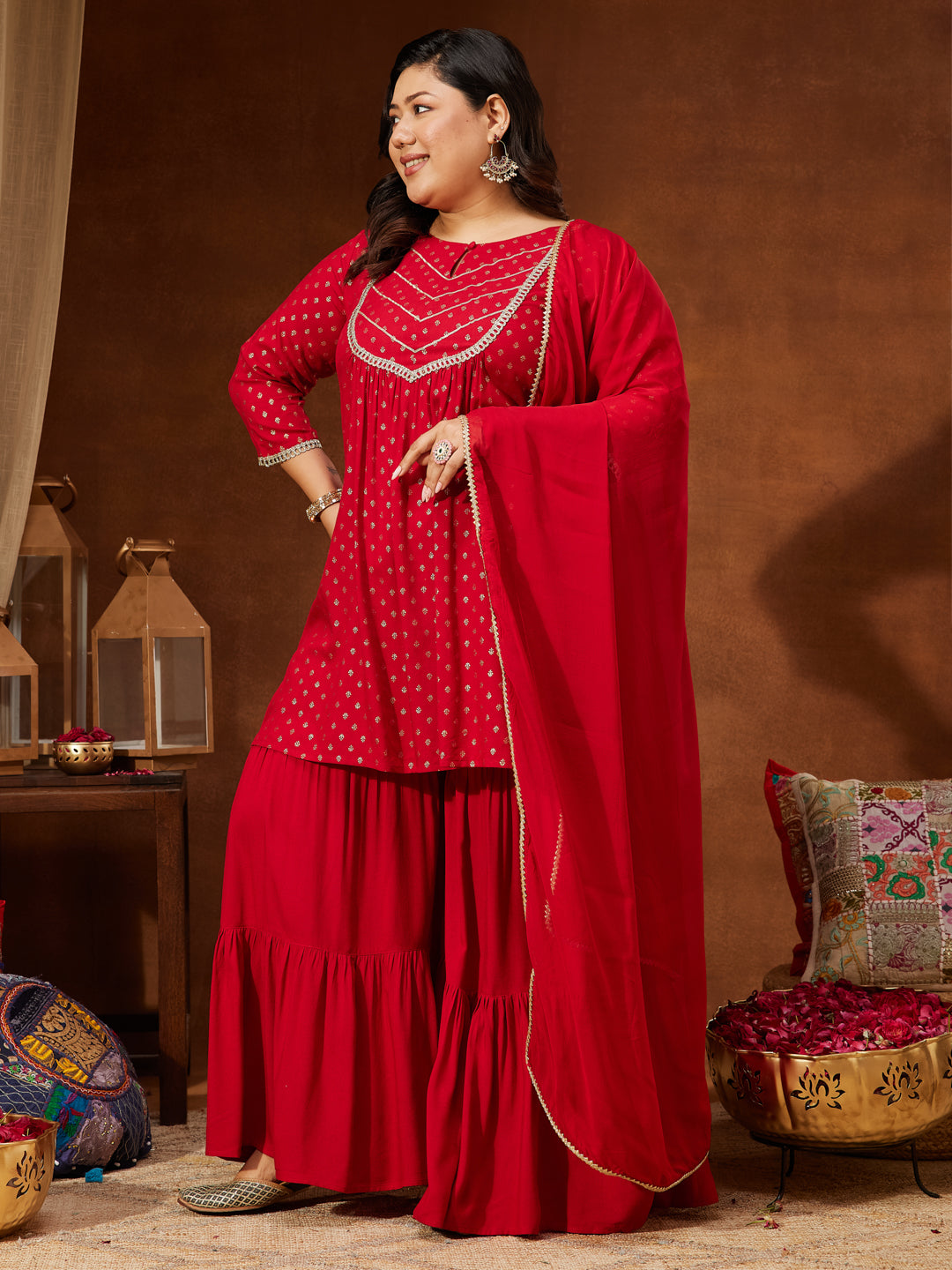 Janasya Women's Red Rayon Embellished Gold Printed A-line Kurta With Sharara & Dupatta Set