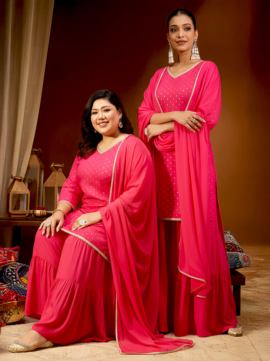 Janasya Women's Plus Size Pink Rayon Embellished Gold Printed Straight Kurta With Sharara & Dupatta Set