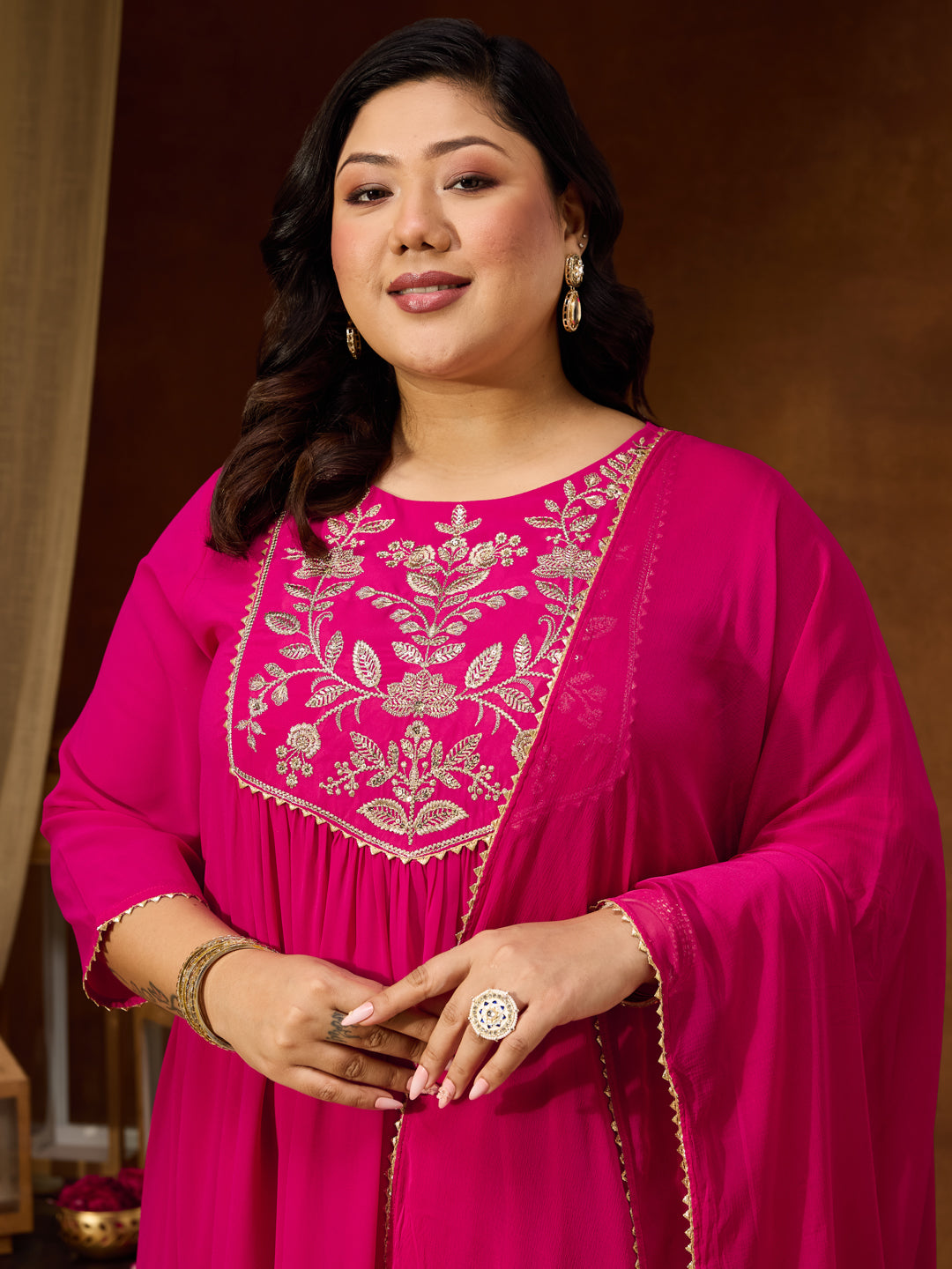 Janasya Women's Plus Size Pink Georgette Yoke Zari Embroidered A-line Kurta Set