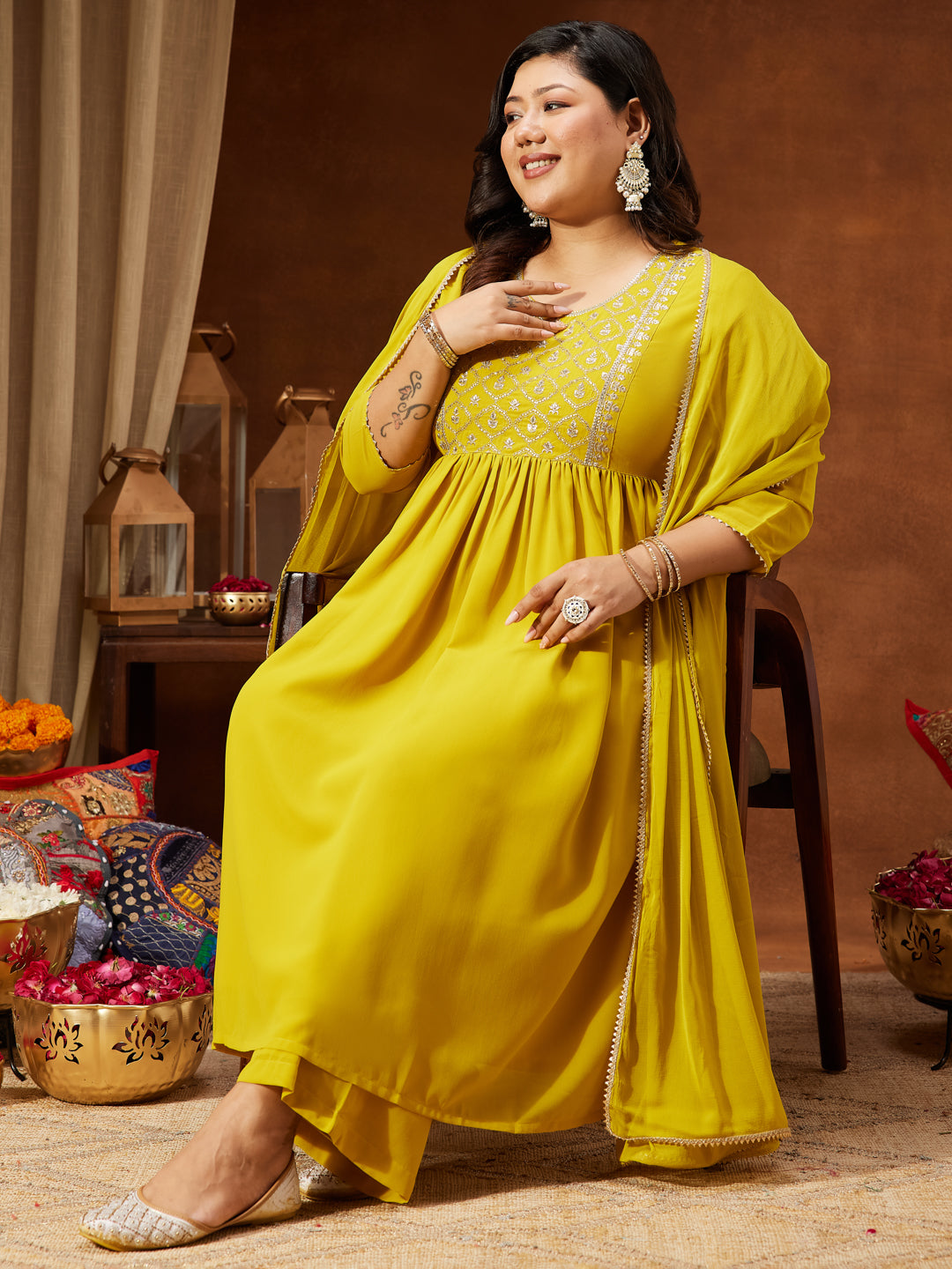 Janasya Women's Plus Size Yellow Georgette Yoke Embroidered A-line Kurta With Palazzo & Dupatta Set