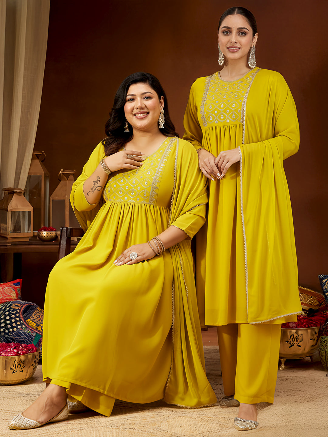 Janasya Women's Mustard Georgette Zari Yoke Embroidery A-line Kurta With Palazzo & Dupatta Set