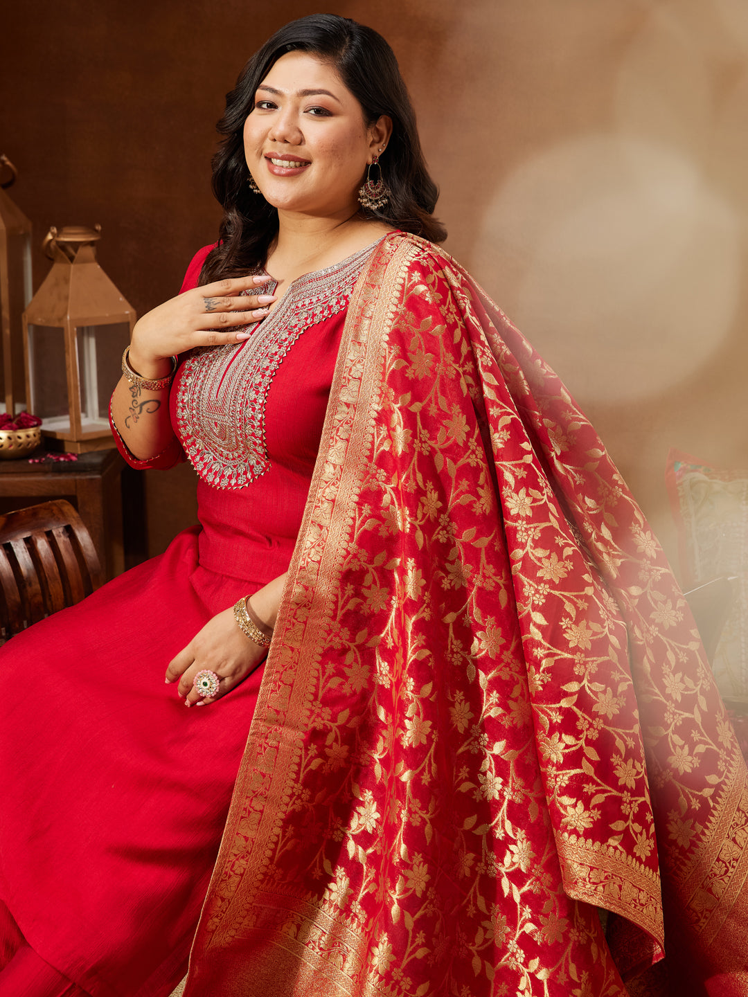 Janasya Women's Plus Size Maroon Silk Blend Zari Embroidered Straight Kurta Set