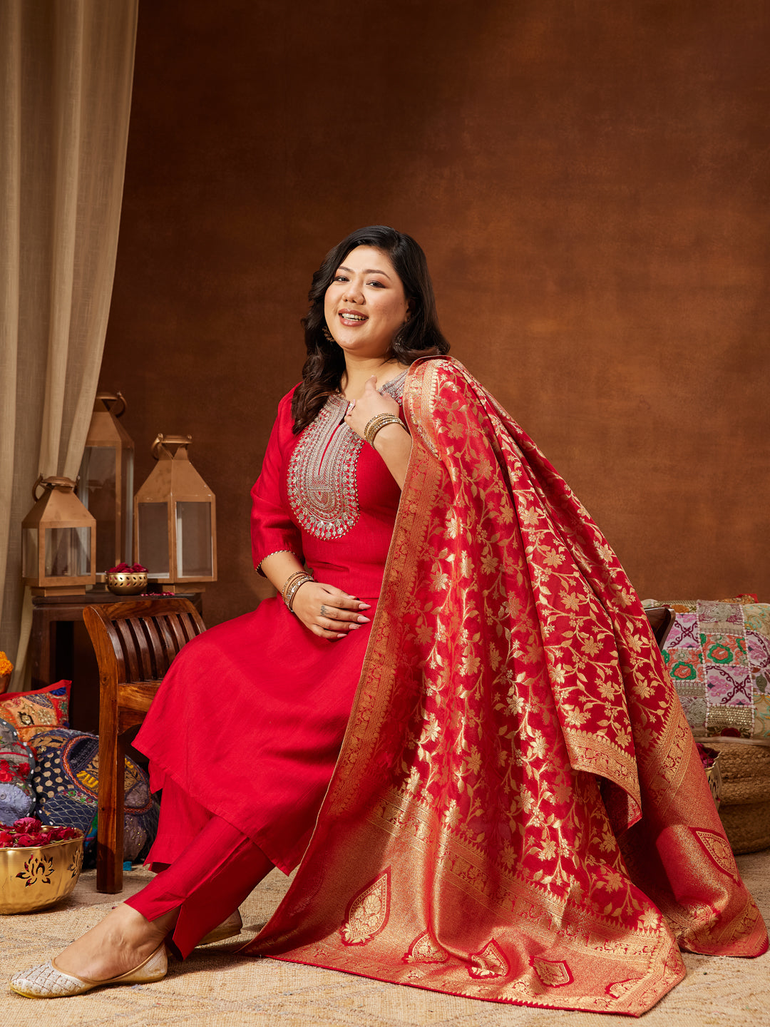 Janasya Women's Plus Size Maroon Silk Blend Zari Embroidered Straight Kurta Set