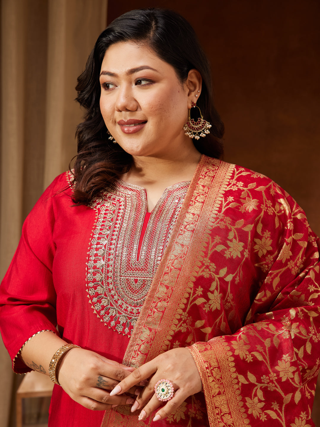 Janasya Women's Plus Size Maroon Silk Blend Zari Embroidered Straight Kurta Set