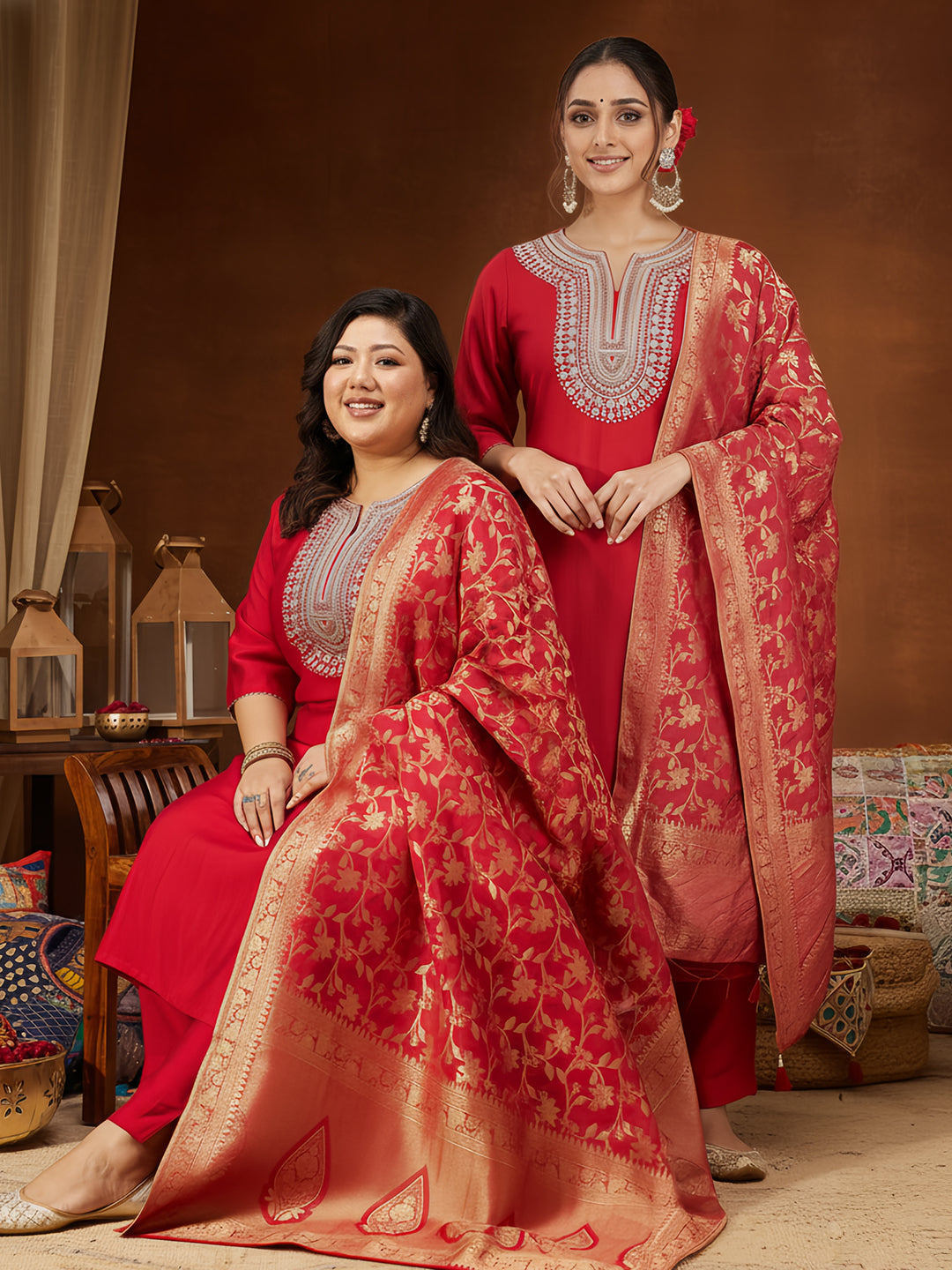 Janasya Women's Plus Size Maroon Silk Blend Zari Embroidered Straight Kurta Set