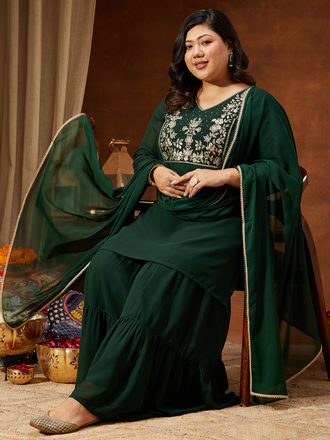 Janasya Women's Plus Size Dark Green Georgette Zari Embroidered Straight Kurti With Sharara & Dupatta Set