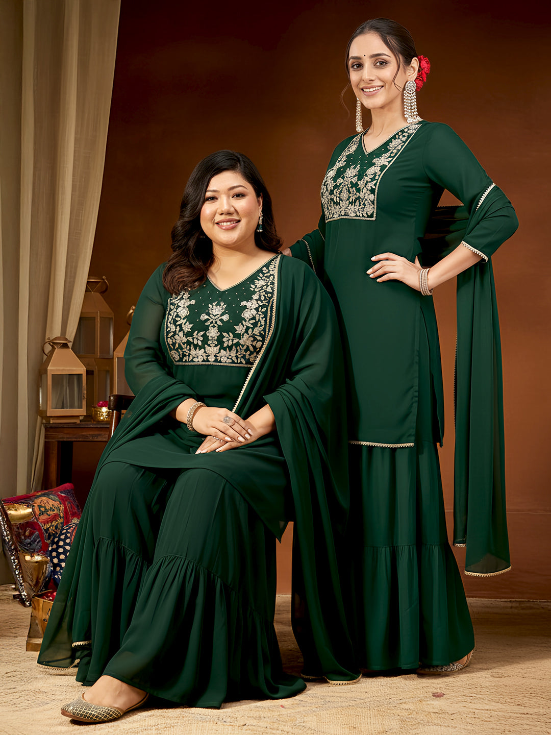 Janasya Women's Plus Size Dark Green Georgette Zari Embroidered Straight Kurti With Sharara & Dupatta Set