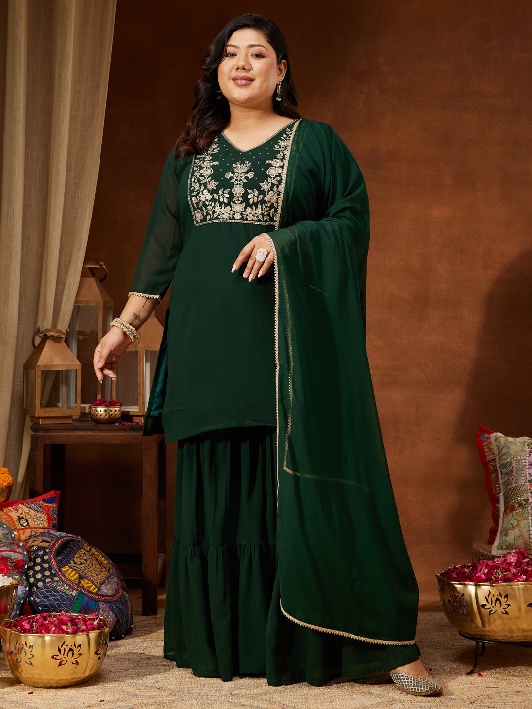 Janasya Women's Plus Size Dark Green Georgette Zari Embroidered Straight Kurti With Sharara & Dupatta Set