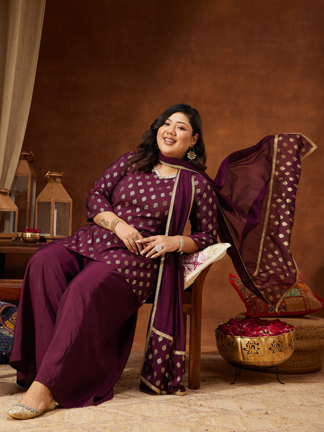 Janasya Women's Plus Size Wine Chanderi Silk Embellished Gold Printed Straight Kurta With Sharara & Dupatta Set