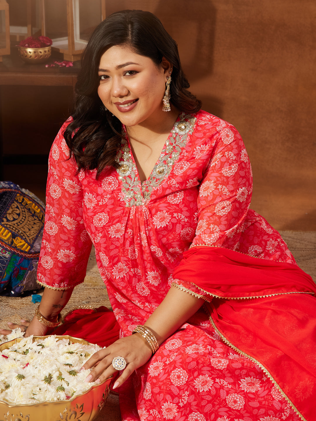 Janasya Women's Plus Size Red Georgette Embellished Floral Printed A-line Kurta Set