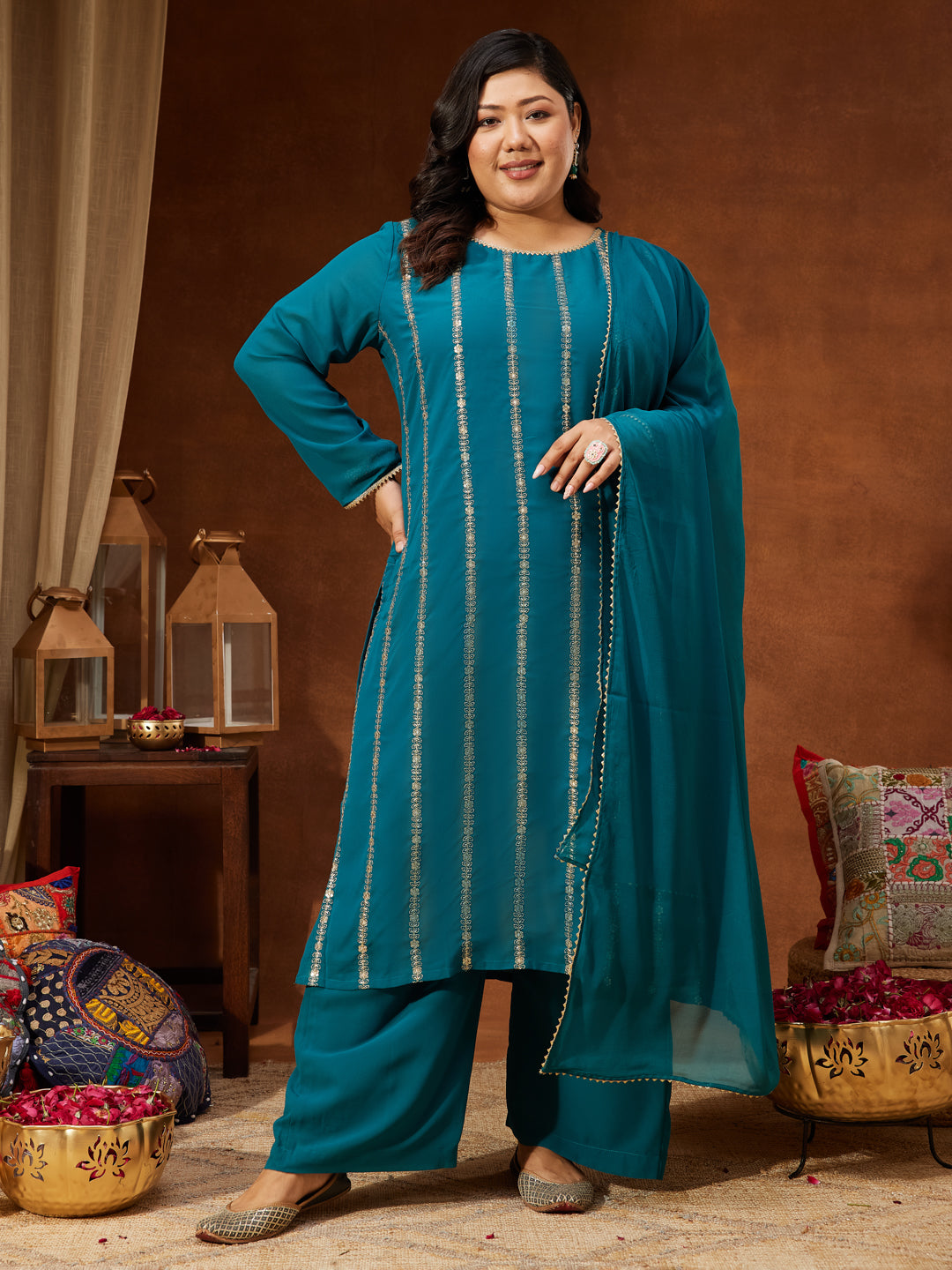 Janasya Women's Plus Size Sea Green Georgette Embellished Straight Kurta With Palazzo & Dupatta Set