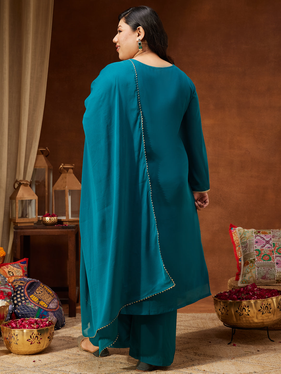 Janasya Women's Plus Size Sea Green Georgette Embellished Straight Kurta With Palazzo & Dupatta Set