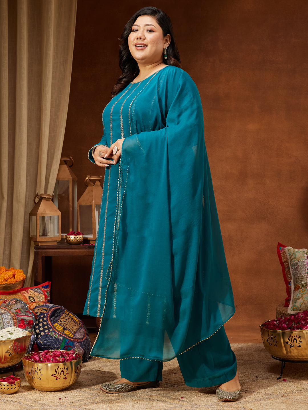 Janasya Women's Plus Size Sea Green Georgette Embellished Straight Kurta With Palazzo & Dupatta Set