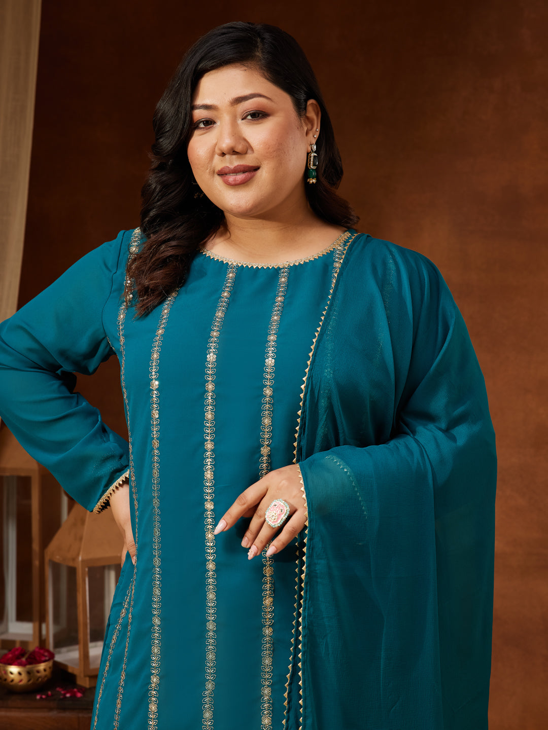 Janasya Women's Plus Size Sea Green Georgette Embellished Straight Kurta With Palazzo & Dupatta Set