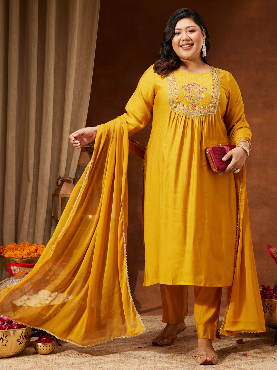 Janasya Women's Plus Size Mustard Silk Blend Embroidered Straight Kurta Set