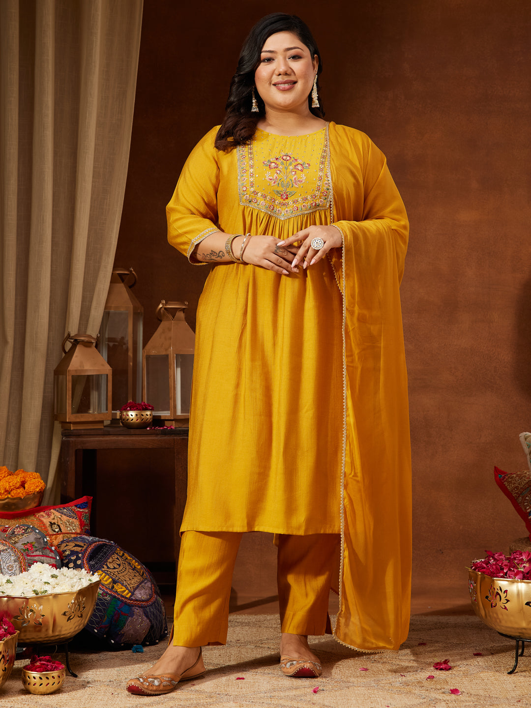 Janasya Women's Plus Size Mustard Silk Blend Embroidered Straight Kurta Set