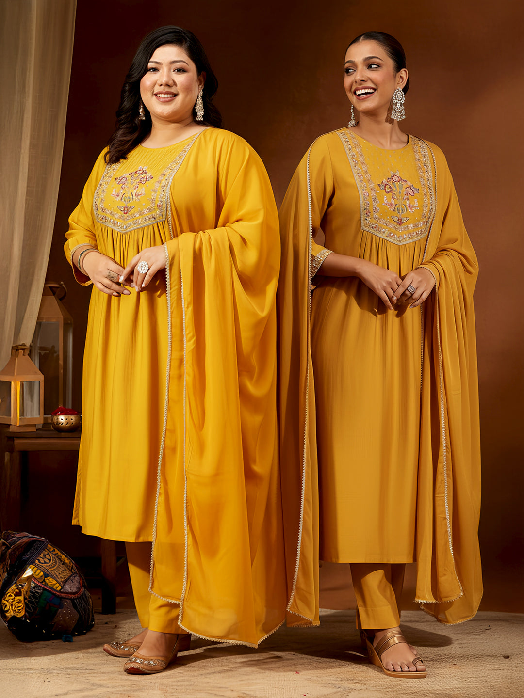 Janasya Women's Mustard Silk Blend Embroidered Straight Kurta Set