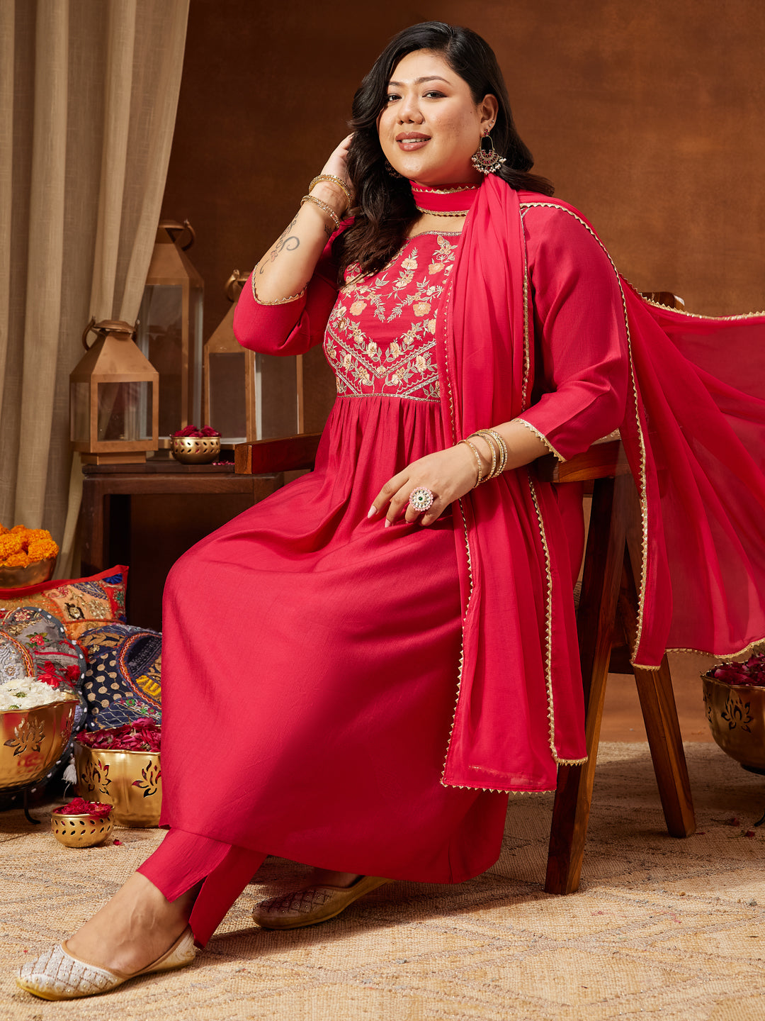 Janasya Women's Plus Size Pink Silk Blend Yoke Embroidered A-line Kurta Set