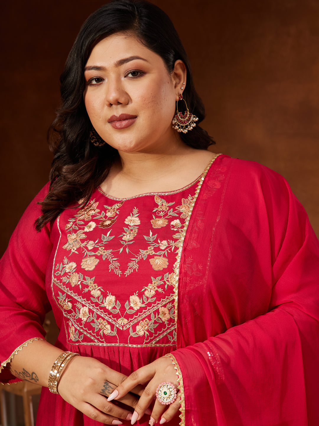 Janasya Women's Plus Size Pink Silk Blend Yoke Embroidered A-line Kurta Set