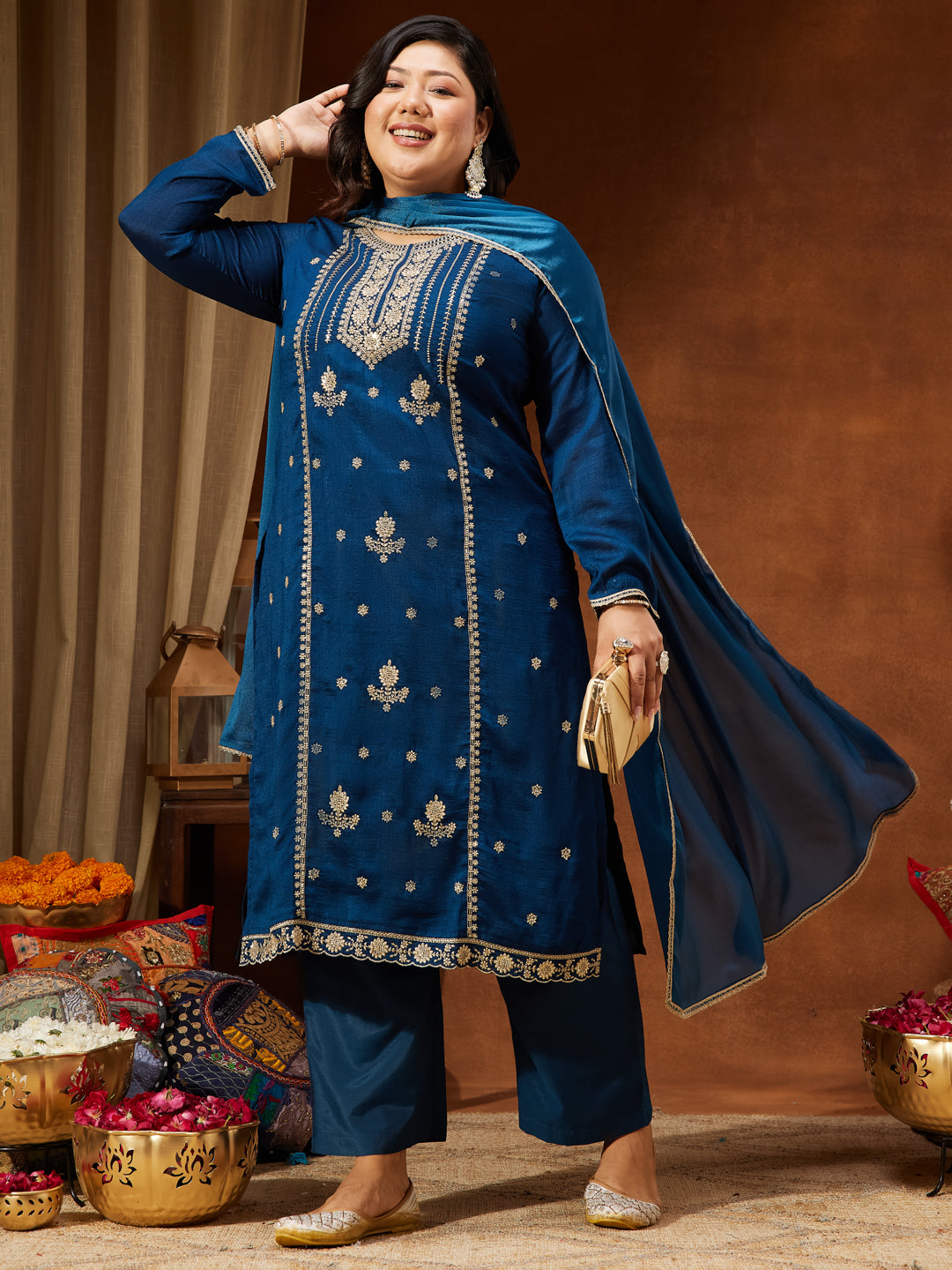 Janasya Women's Plus Size Teal Blue Silk Blend Zari Embroidered Straight Kurta Set
