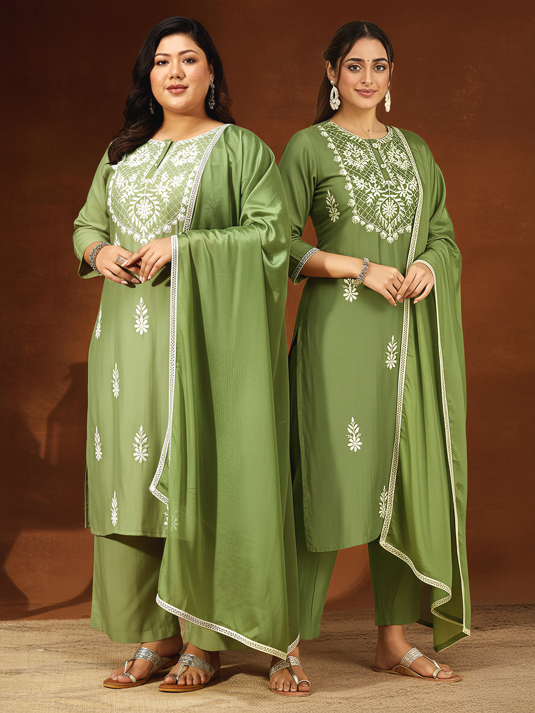 Janasya Women's Plus Size Sage Green Silk Blend Embroidered Straight Kurta Set