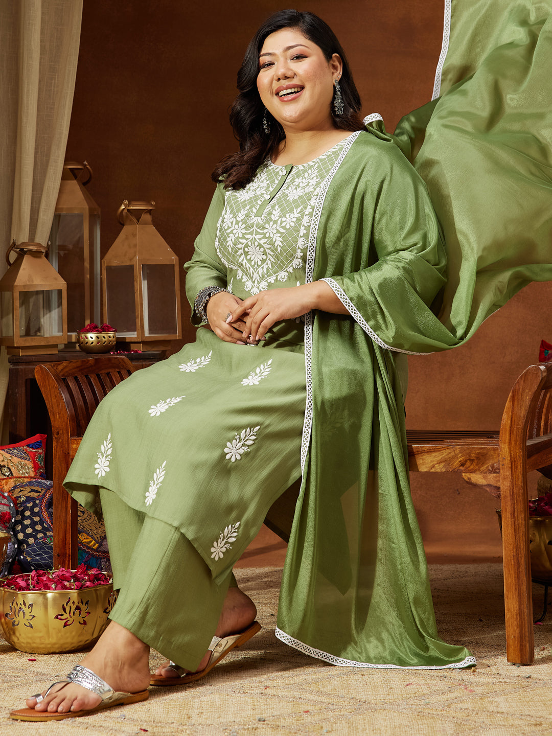 Janasya Women's Plus Size Sage Green Silk Blend Embroidered Straight Kurta Set