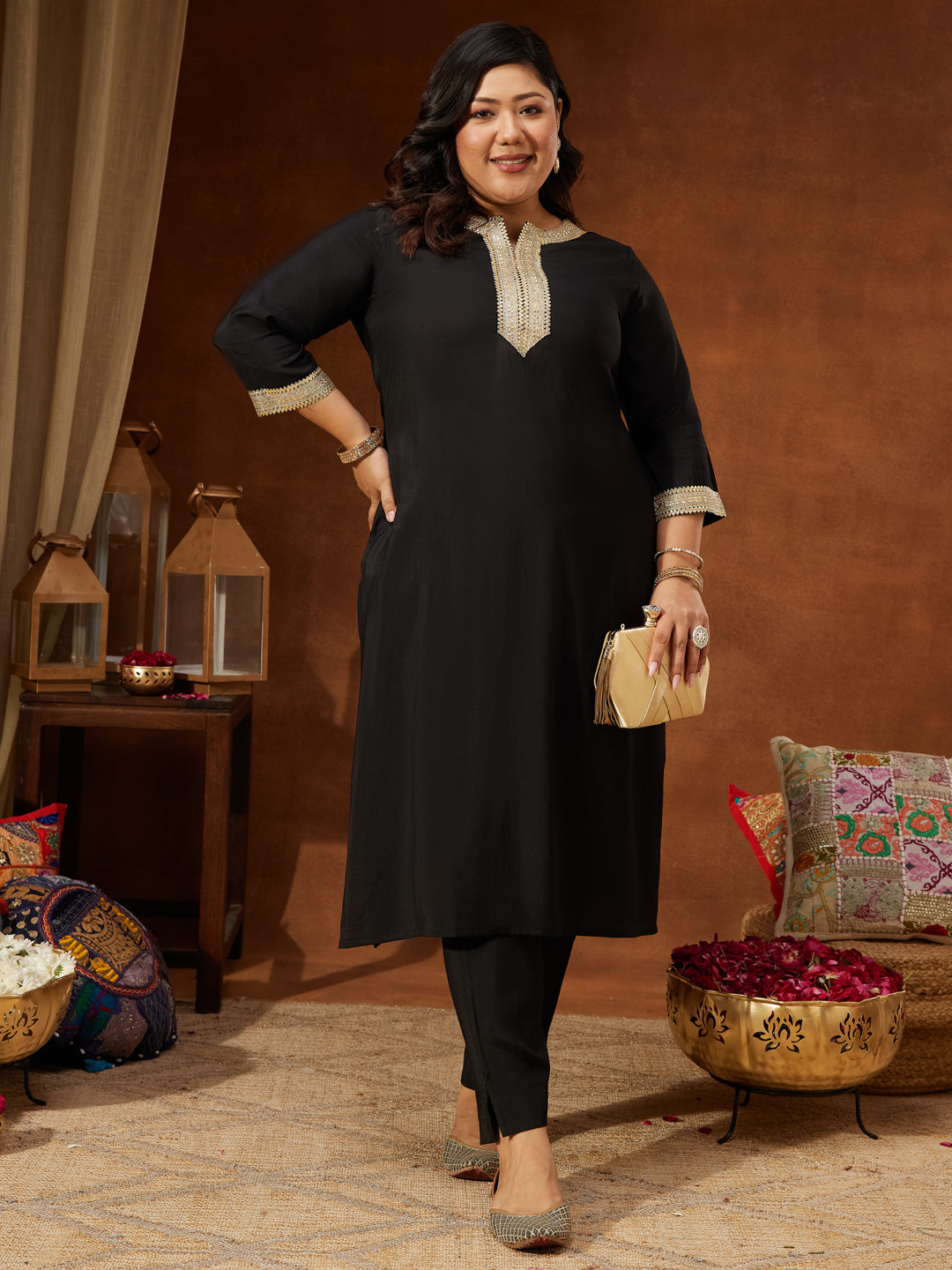 Janasya Women's Plus Size Black Chanderi Silk Embellished Yoke Design Straight Kurta Pant Set