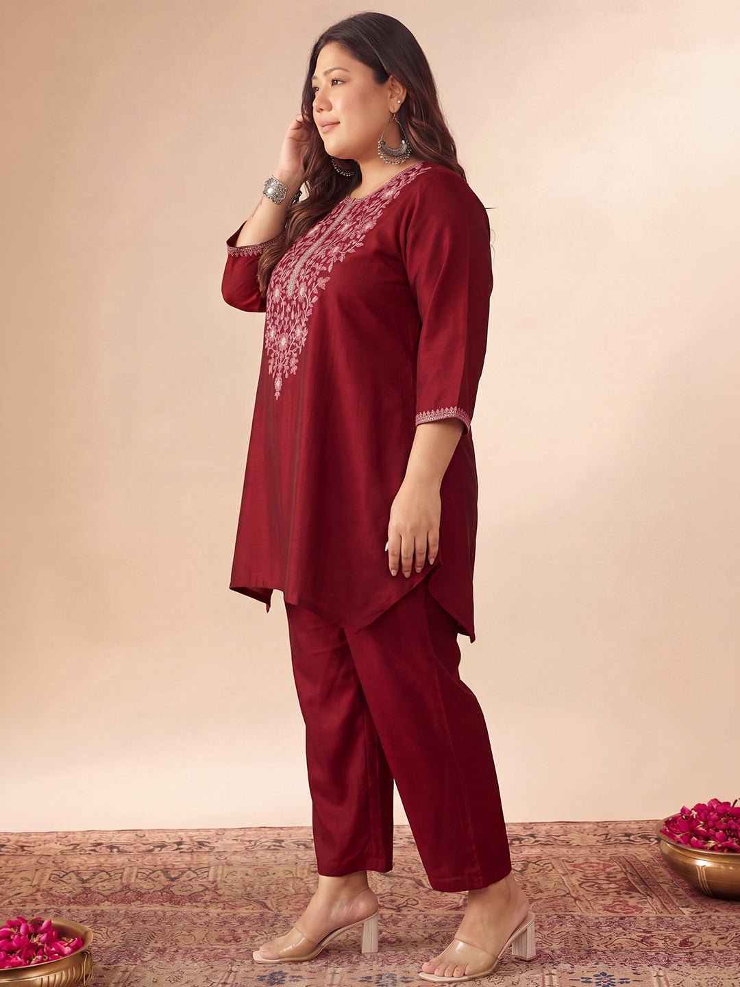 Janasya Women's Plus Size Maroon Silk Blend Floral Sequins Zari Yoke Embroidered A-Line Co-Ord Set