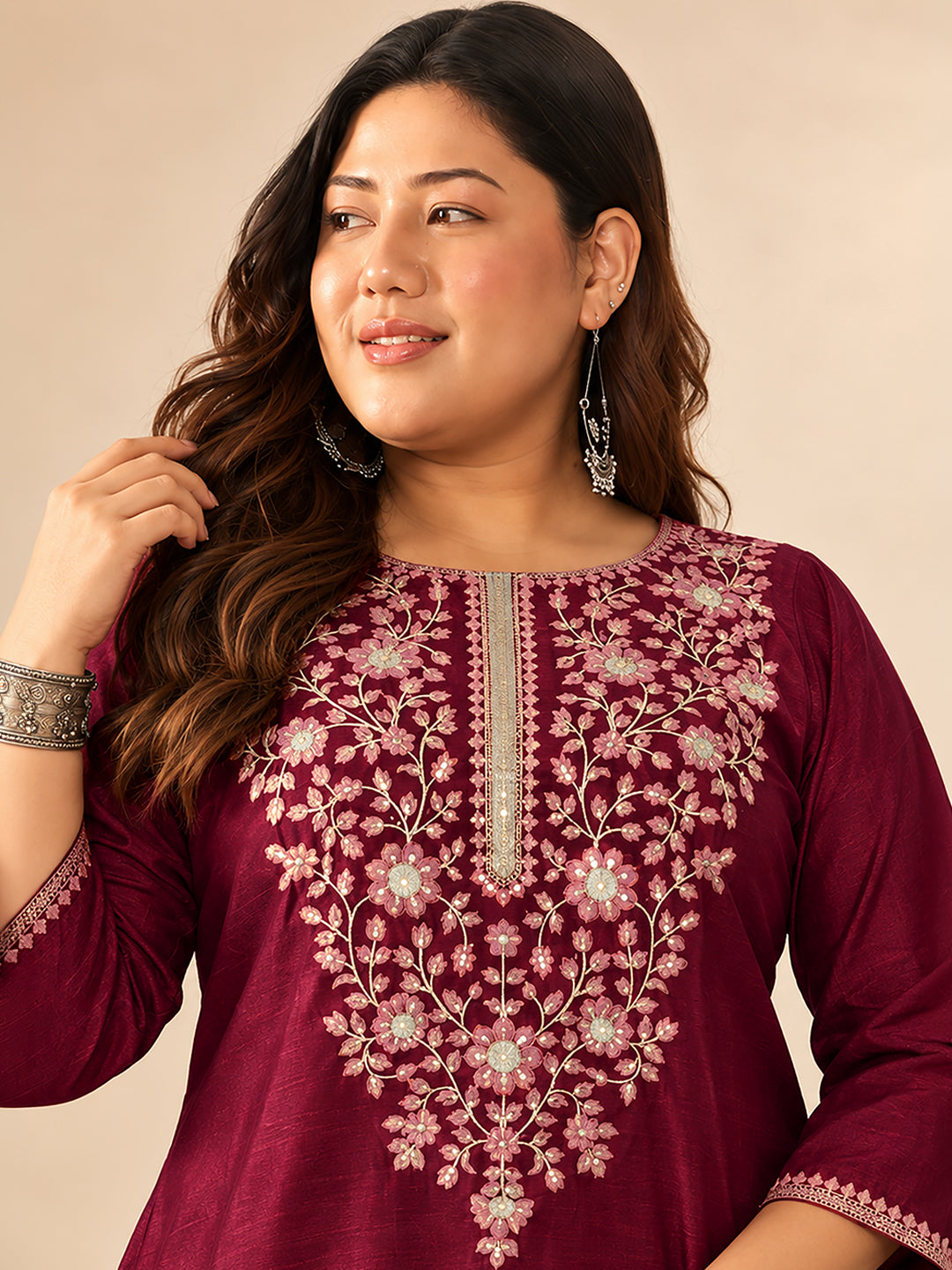 Janasya Women's Plus Size Maroon Silk Blend Floral Sequins Zari Yoke Embroidered A-Line Co-Ord Set