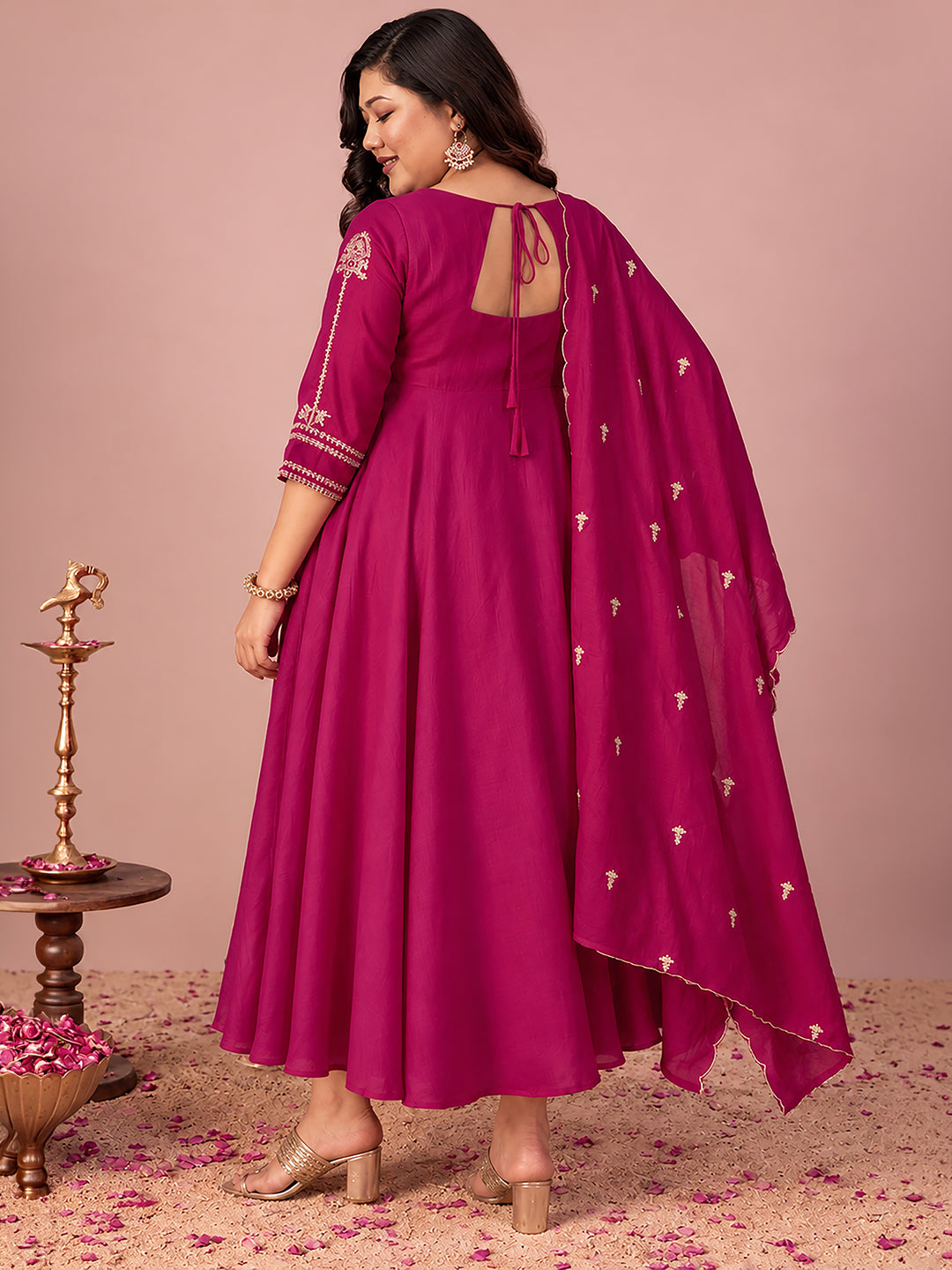 Janasya Women's Plus Size Pink Silk Blend Floral Sequins and Zari Yoke Embroidered A-Line Gown with Dupatta Set