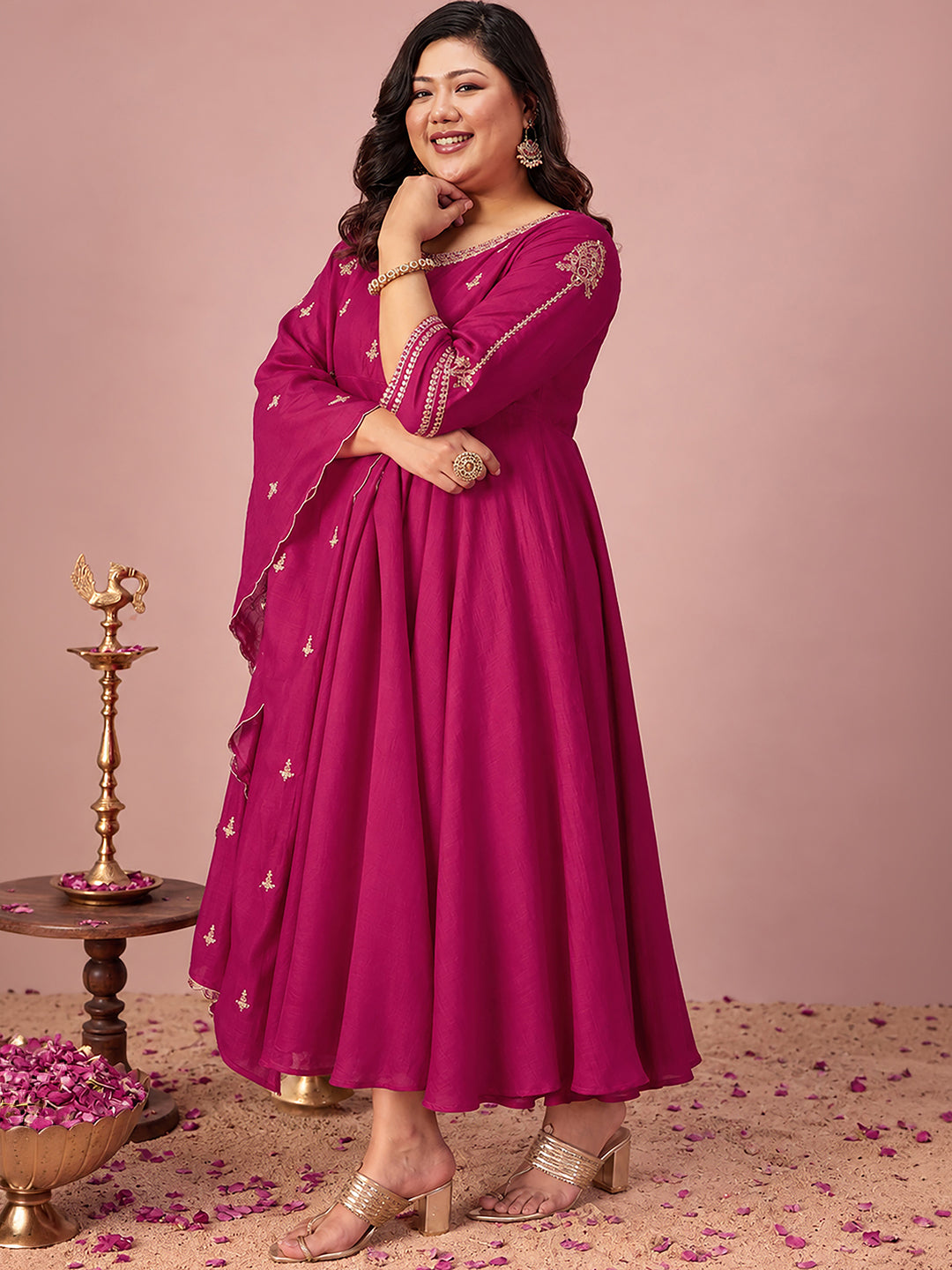 Janasya Women's Plus Size Pink Silk Blend Floral Sequins and Zari Yoke Embroidered A-Line Gown with Dupatta Set