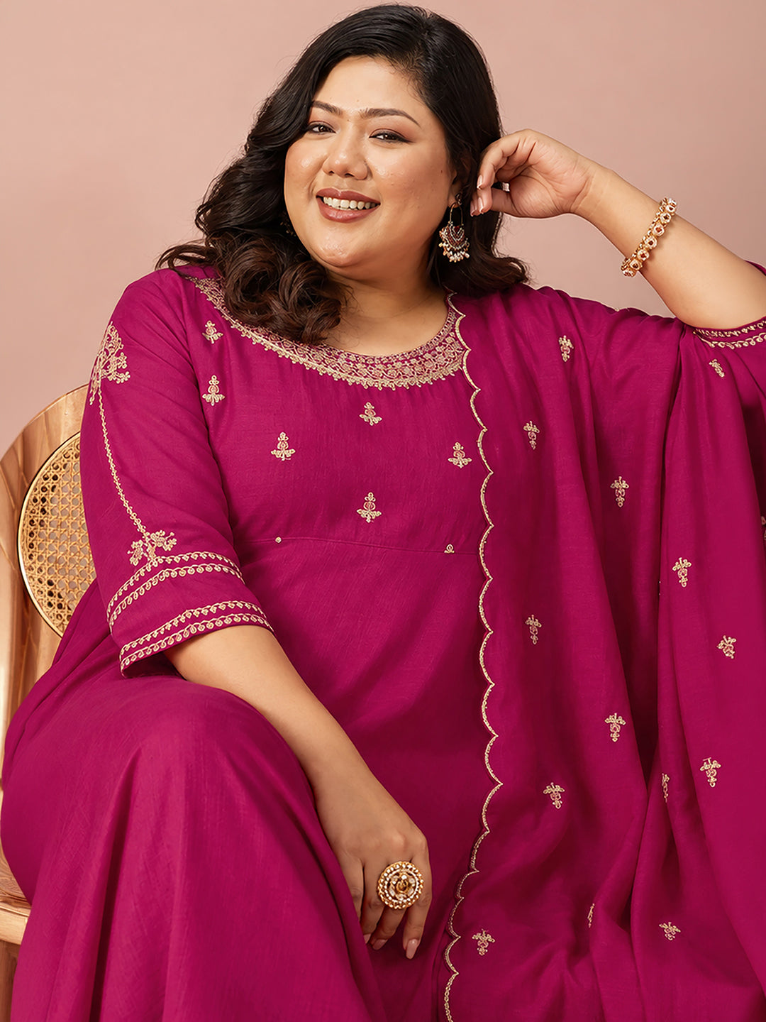 Janasya Women's Plus Size Pink Silk Blend Floral Sequins and Zari Yoke Embroidered A-Line Gown with Dupatta Set