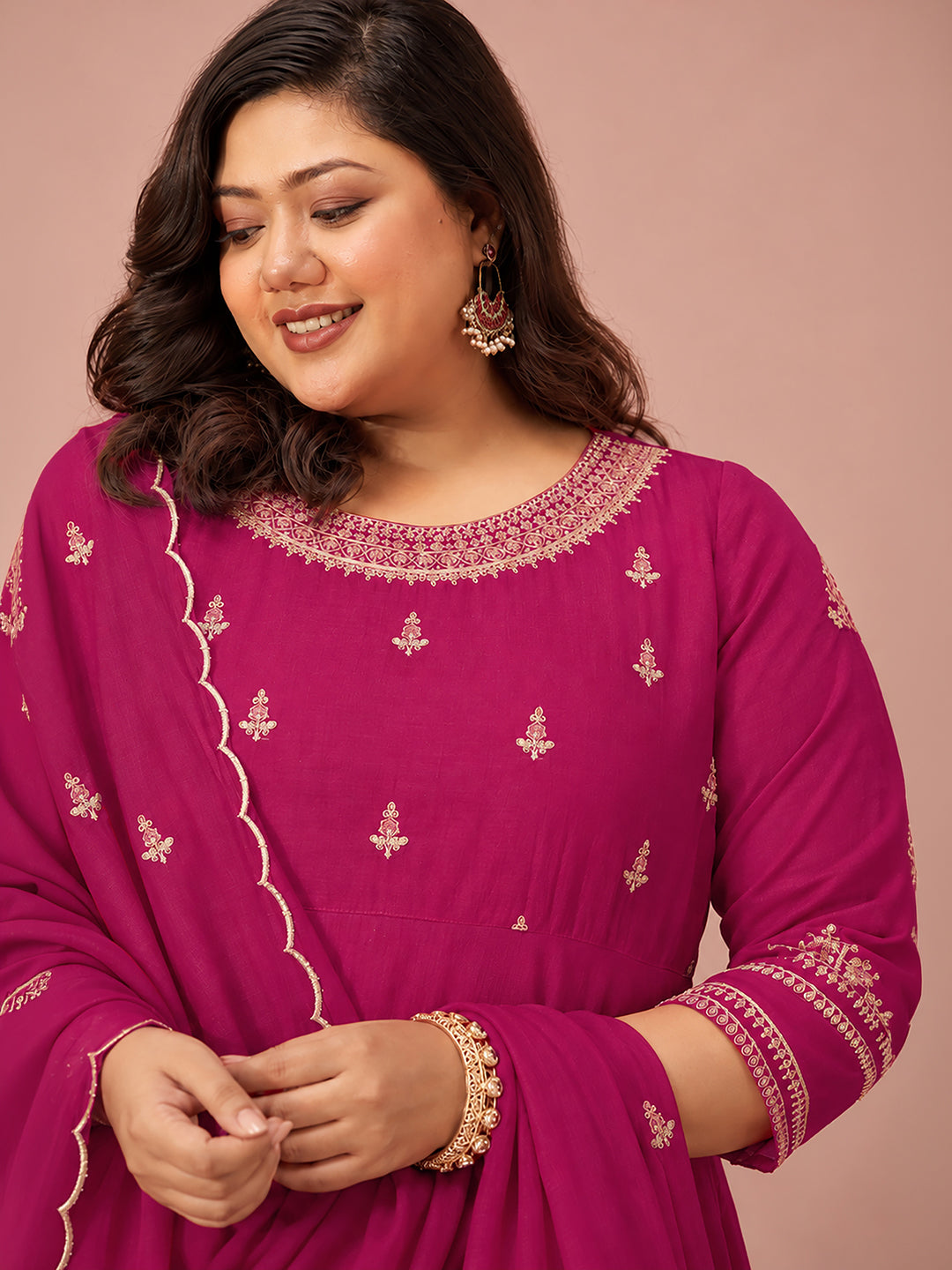 Janasya Women's Plus Size Pink Silk Blend Floral Sequins and Zari Yoke Embroidered A-Line Gown with Dupatta Set