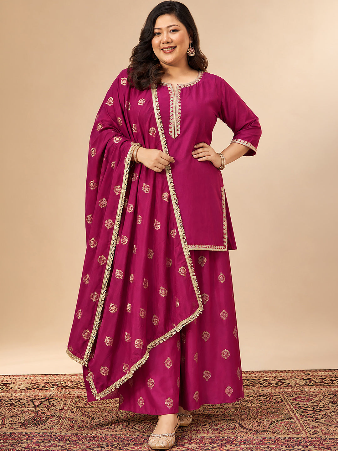 Janasya Women's Plus Size Magenta Muslin Zari Embroidered Foil Printed Straight Kurta with Palazzo And Dupatta Set