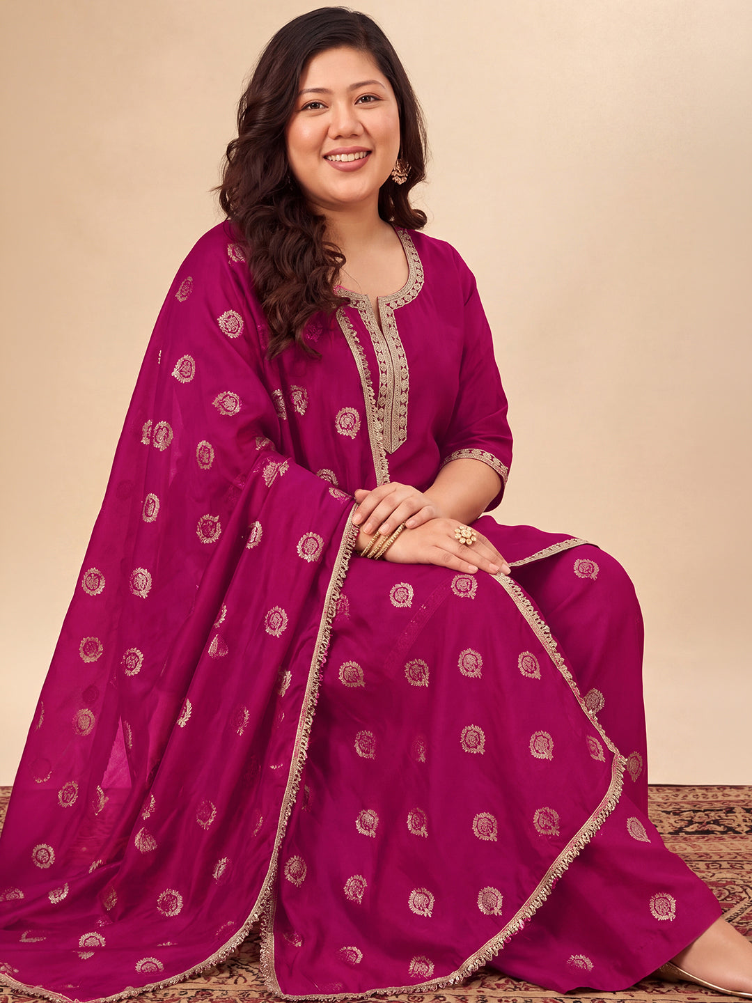 Janasya Women's Plus Size Magenta Muslin Zari Embroidered Foil Printed Straight Kurta with Palazzo And Dupatta Set