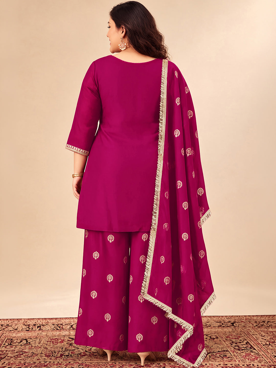 Janasya Women's Plus Size Magenta Muslin Zari Embroidered Foil Printed Straight Kurta with Palazzo And Dupatta Set