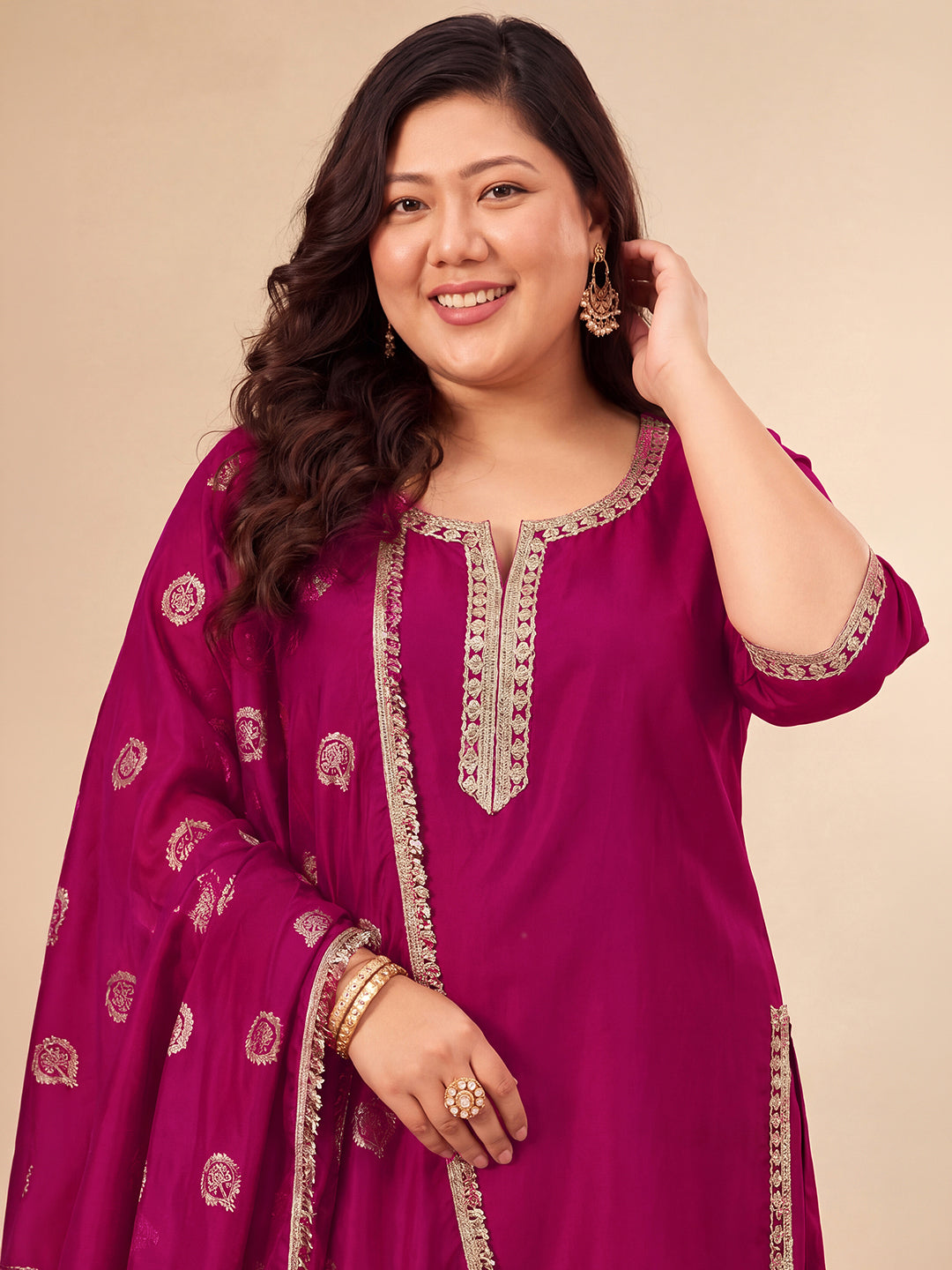 Janasya Women's Plus Size Magenta Muslin Zari Embroidered Foil Printed Straight Kurta with Palazzo And Dupatta Set