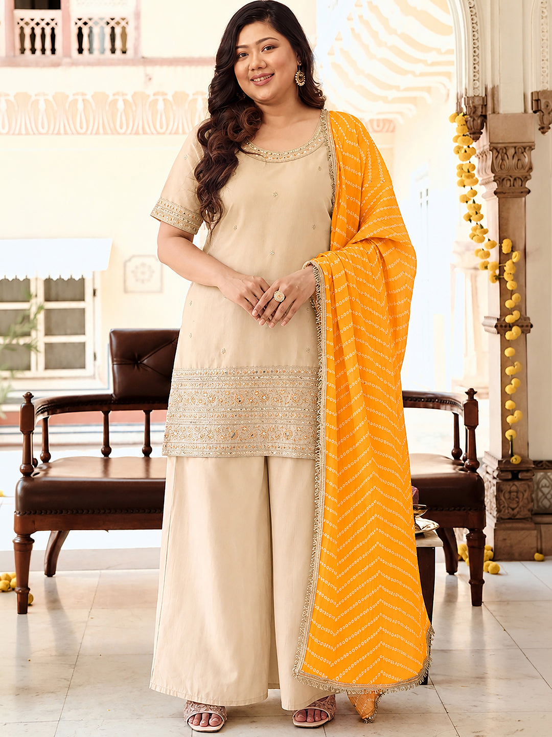 Janasya Women's Plus Size Beige Silk Blend Zari Embroidered Straight Kurta with Palazzo & Bandhani Printed Dupatta Set