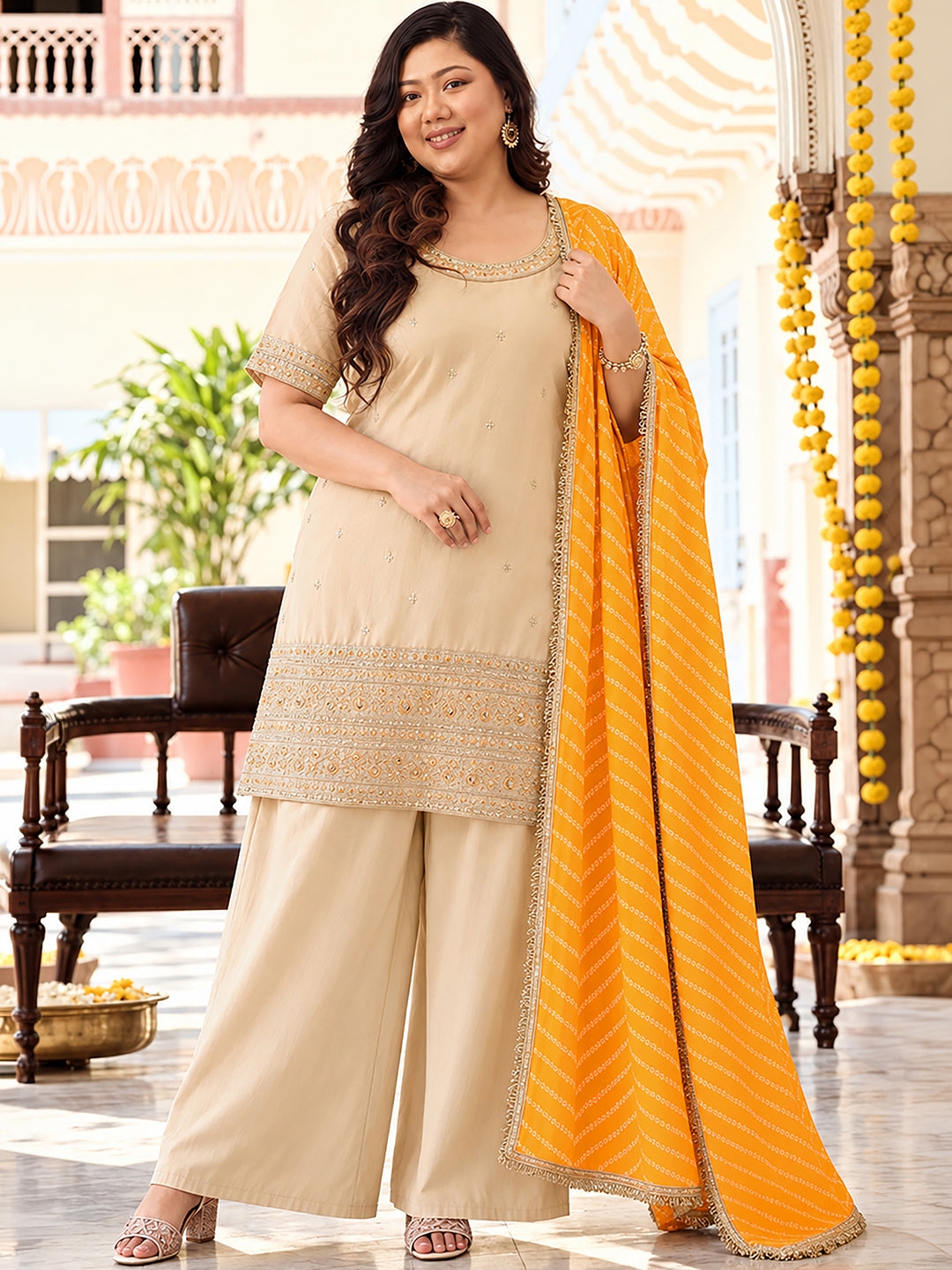 Janasya Women's Plus Size Beige Silk Blend Zari Embroidered Straight Kurta with Palazzo & Bandhani Printed Dupatta Set