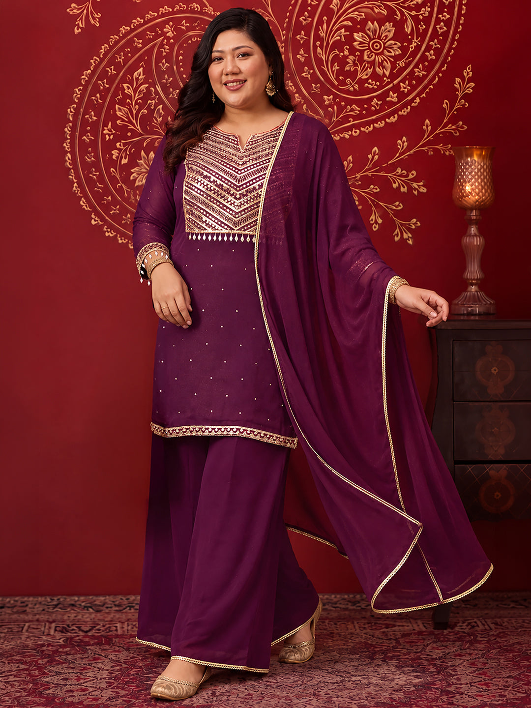 Janasya Women's Plus Size Wine Georgette Embellished Foil Printed Straight Kurta with Palazzo and Dupatta Set