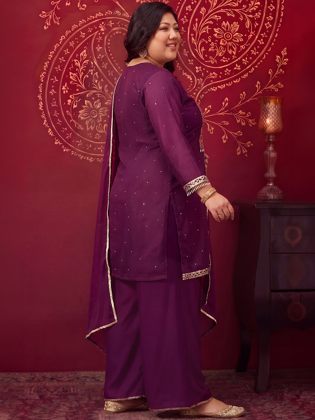 Janasya Women's Plus Size Wine Georgette Embellished Foil Printed Straight Kurta with Palazzo and Dupatta Set