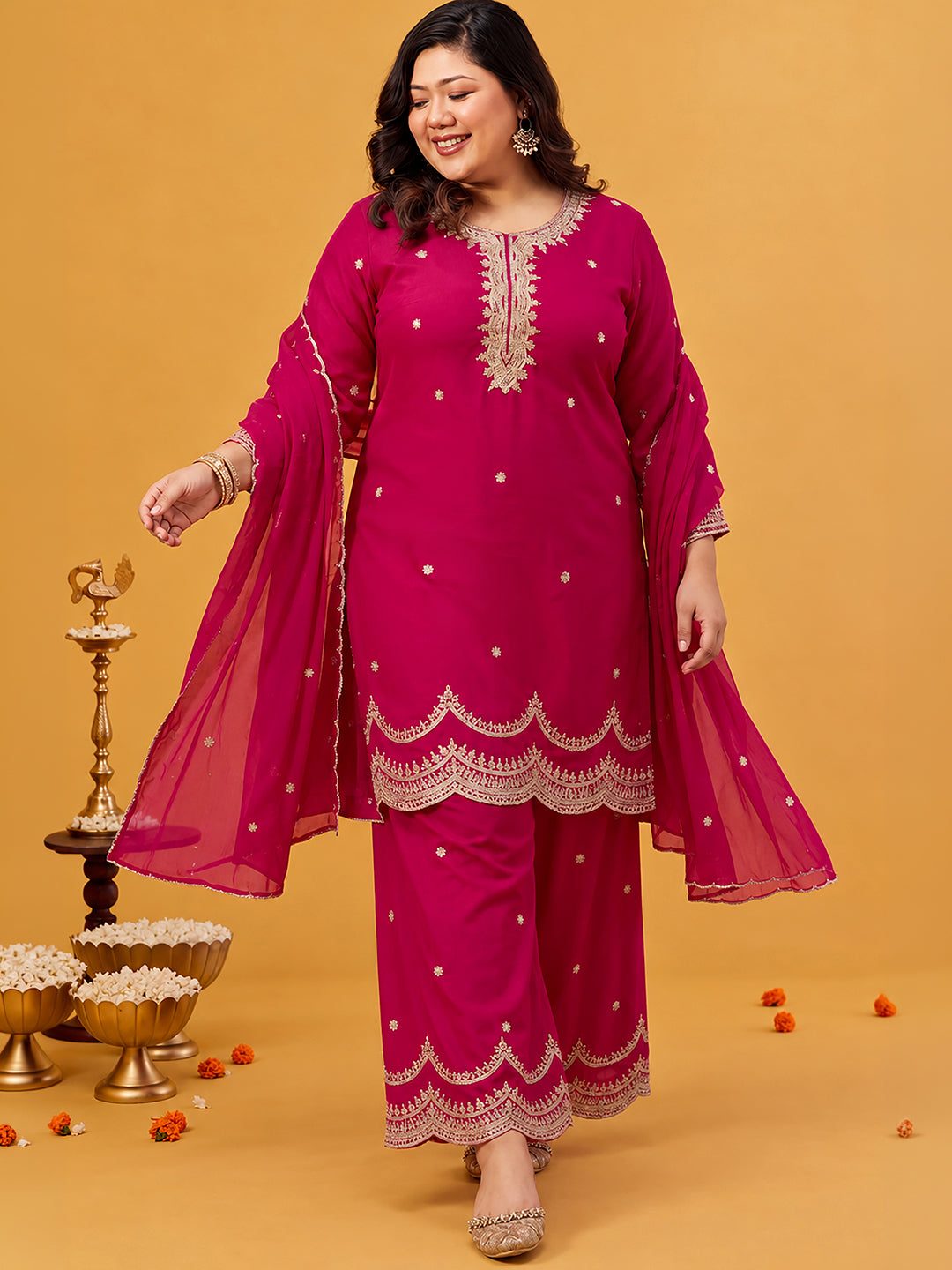 Janasya Women's Plus Size Pink Silk Blend Zari Embroidered Straight Kurta with Palazzo and Dupatta Set
