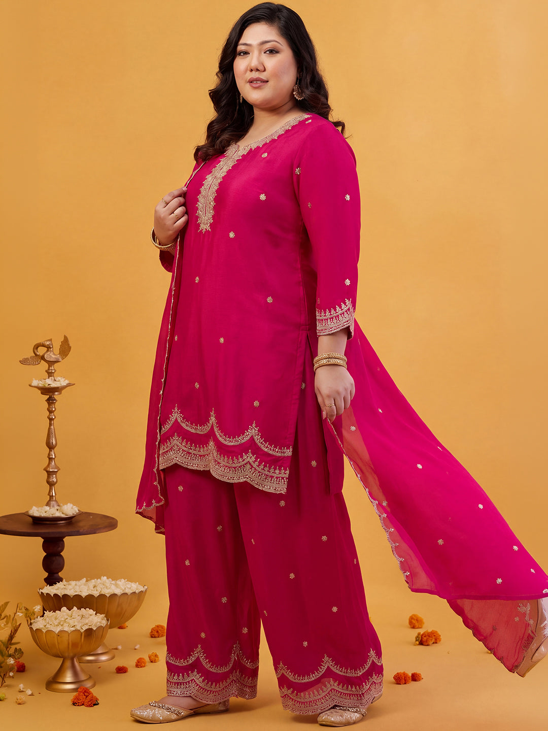 Janasya Women's Plus Size Pink Silk Blend Zari Embroidered Straight Kurta with Palazzo and Dupatta Set