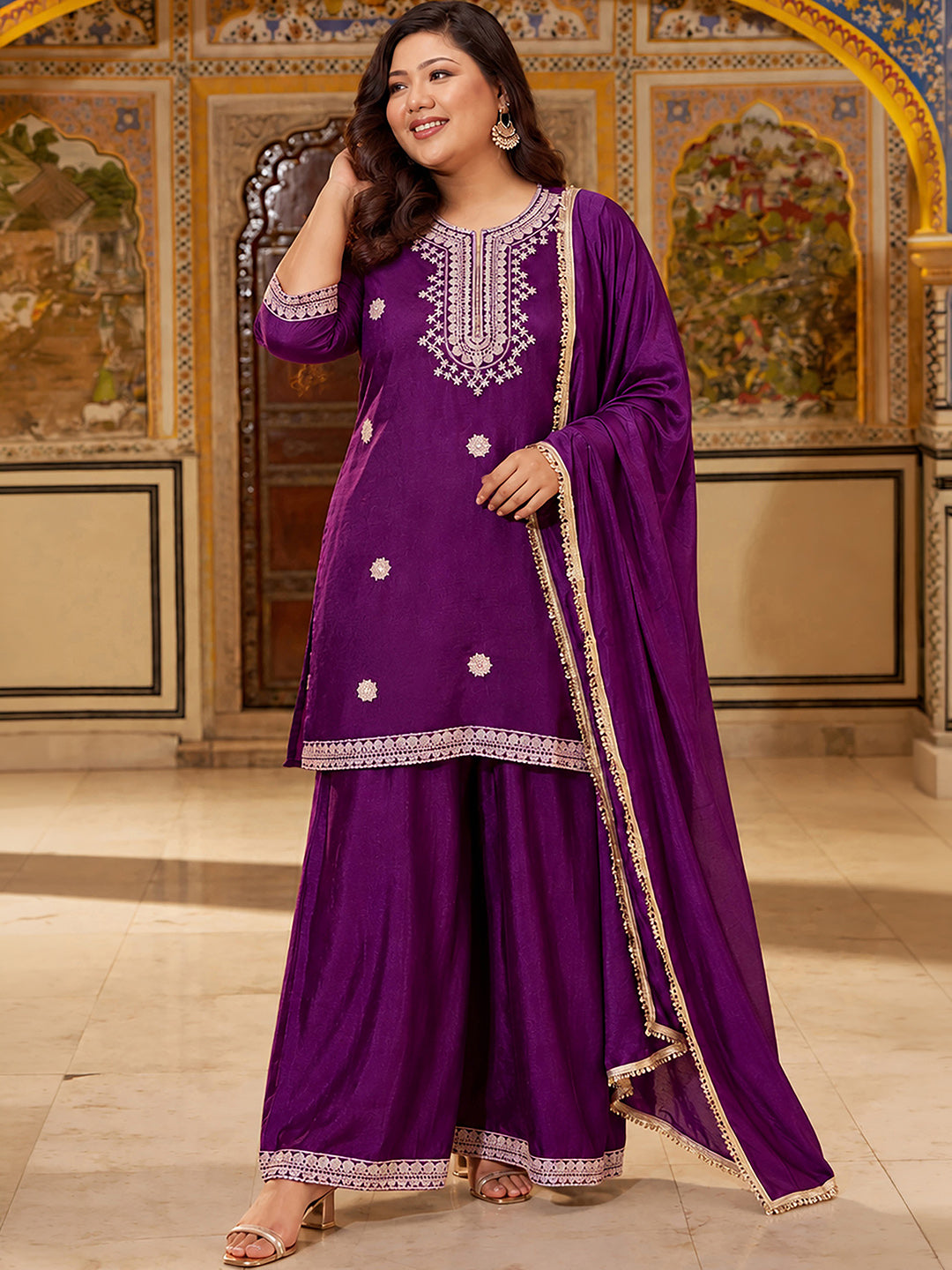 Janasya Women's Plus Size Purple Silk Blend Floral Zari Embroidered Straight Kurta with Palazzo And Dupatta Set