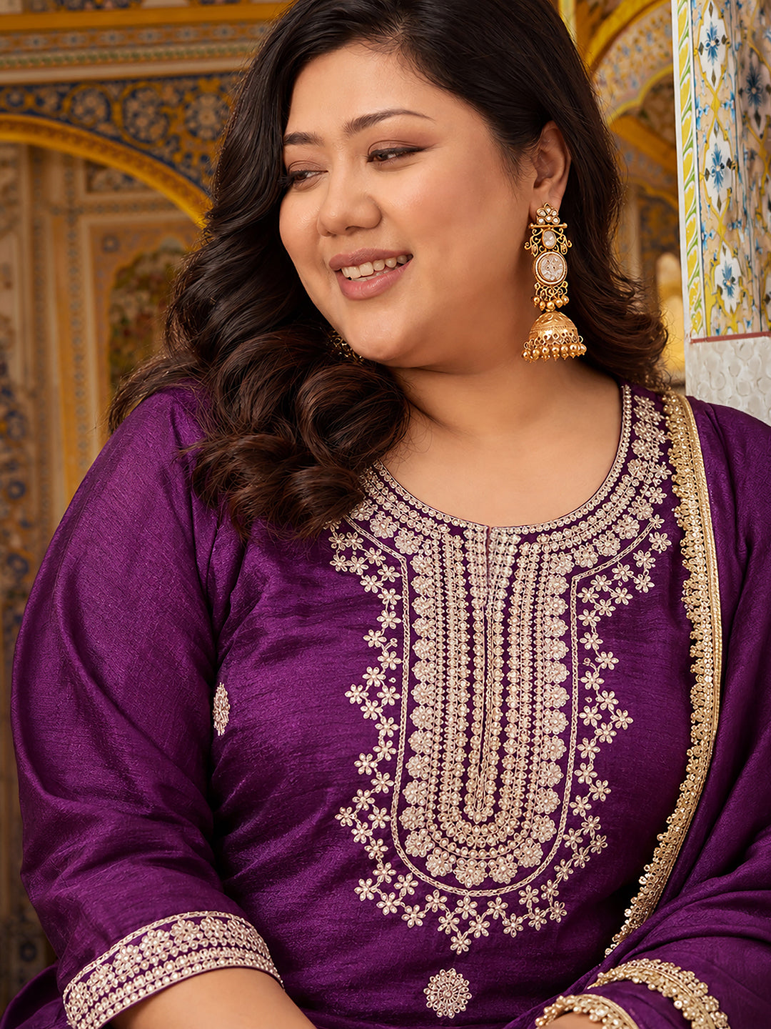 Janasya Women's Plus Size Purple Silk Blend Floral Zari Embroidered Straight Kurta with Palazzo And Dupatta Set