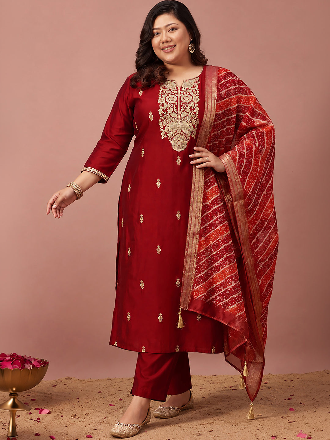 Janasya Women's Plus Size Maroon Chanderi Silk Floral Zari Embroidered Straight Kurta Set with Bandhani Printed Dupatta