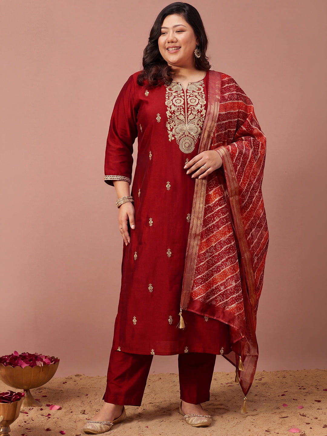 Janasya Women's Plus Size Maroon Chanderi Silk Floral Zari Embroidered Straight Kurta Set with Bandhani Printed Dupatta
