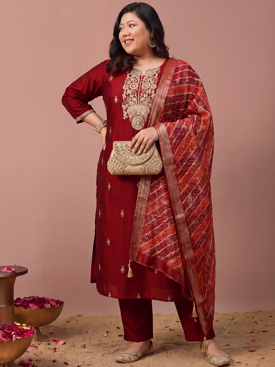 Janasya Women's Plus Size Maroon Chanderi Silk Floral Zari Embroidered Straight Kurta Set with Bandhani Printed Dupatta