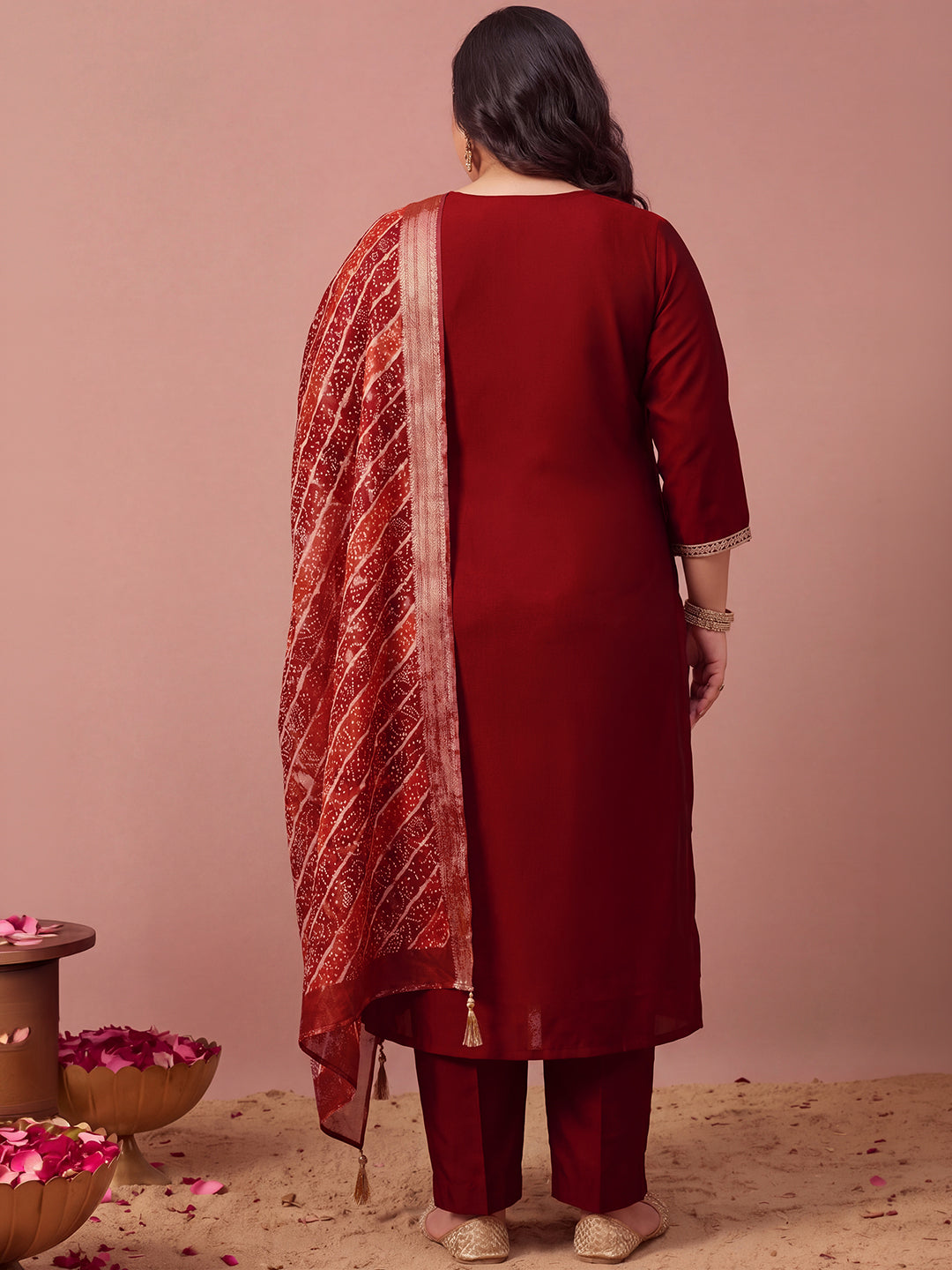 Janasya Women's Plus Size Maroon Chanderi Silk Floral Zari Embroidered Straight Kurta Set with Bandhani Printed Dupatta